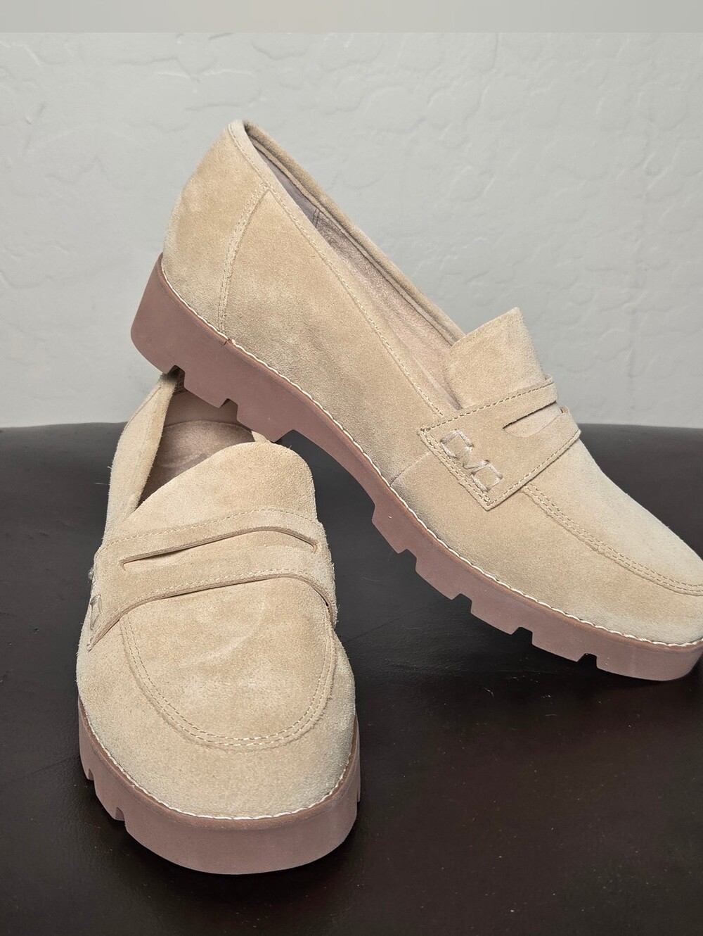Vionic Beige Suede Lug-Sole Penny Loafers Size 9